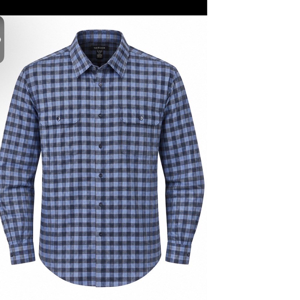Van Heusen Mens XL Blue Grey Gingham Plaid Button Down Shirt Long Sleeve L/S